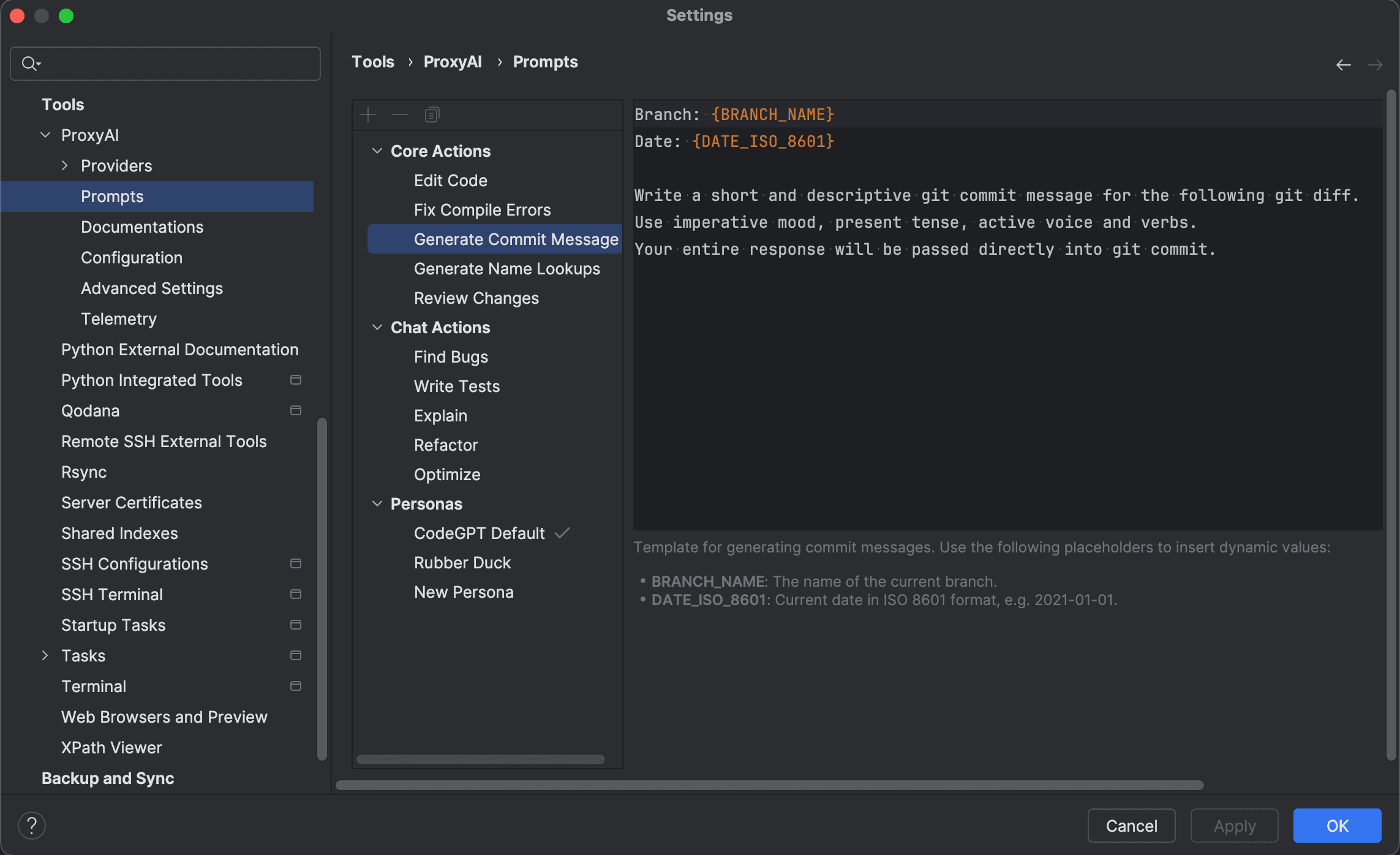 Configure the prompt used when generating a commit message